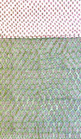 deken quilt kind reversible blockprint 6-groen/petrol/roze