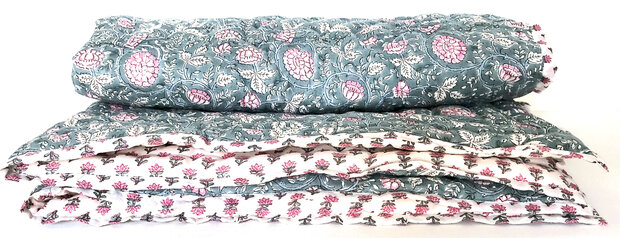 deken quilt kind reversible blockprint 7- petrol/roze