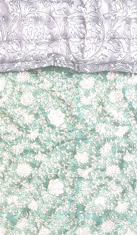 deken quilt kind reversible blockprint 3- vergrijsd lavendel lila/aquagroen